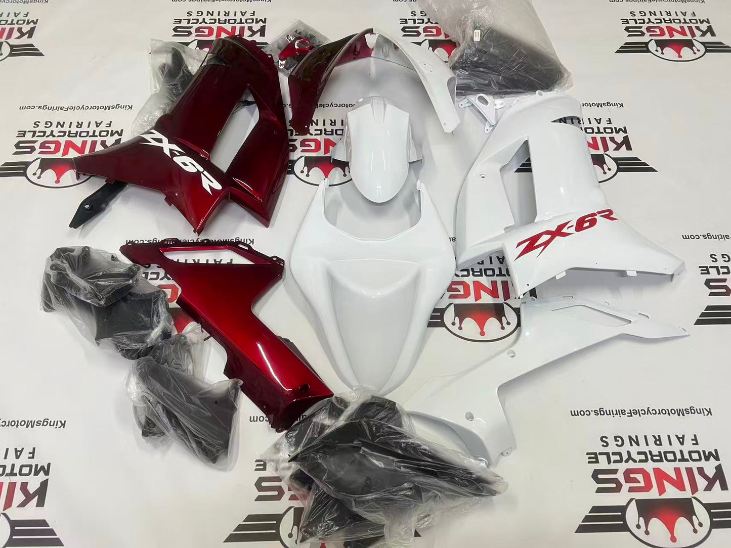 Fairings for Kawasaki Ninja ZX6R 636 (2007-2008) Split White, Red at kingsMotorcycleFairings.com