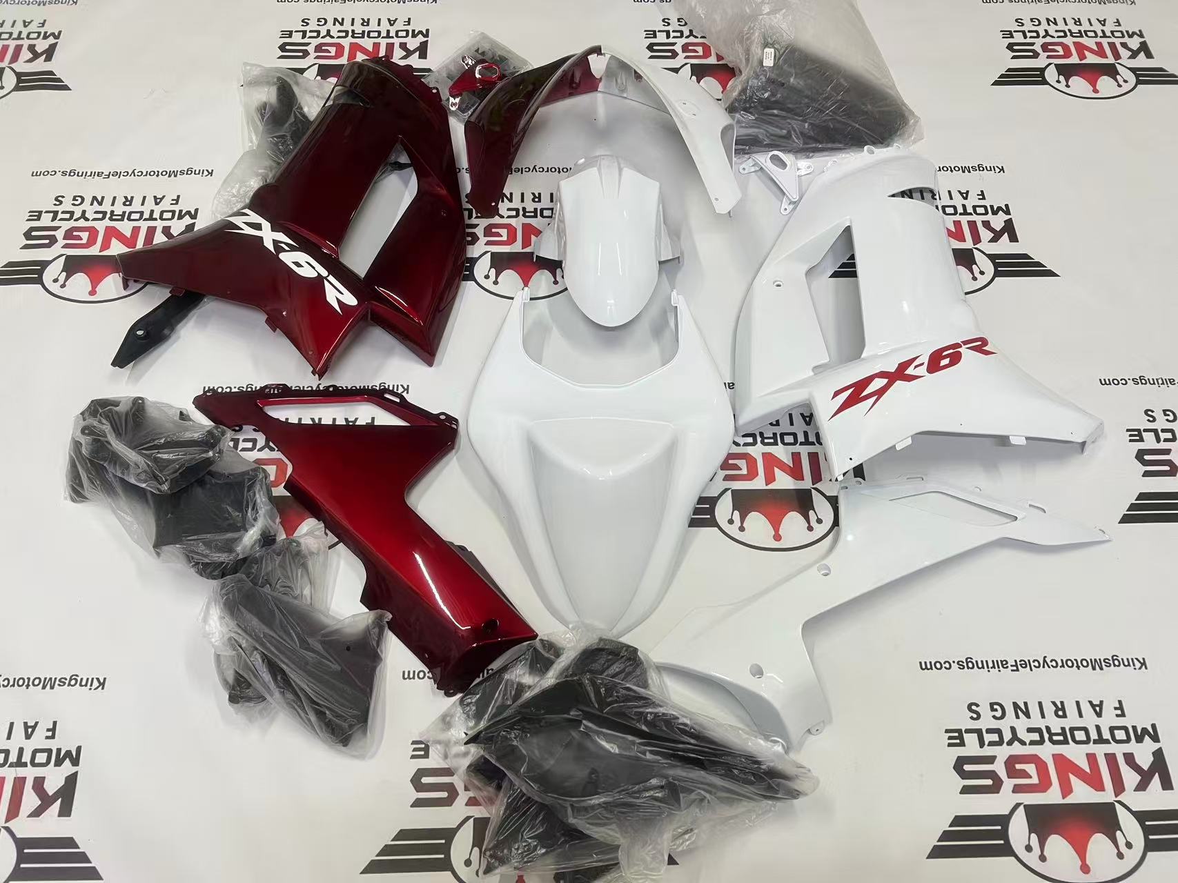 Fairings for Kawasaki Ninja ZX6R 636 (2007-2008) Split White, Red at kingsMotorcycleFairings.com