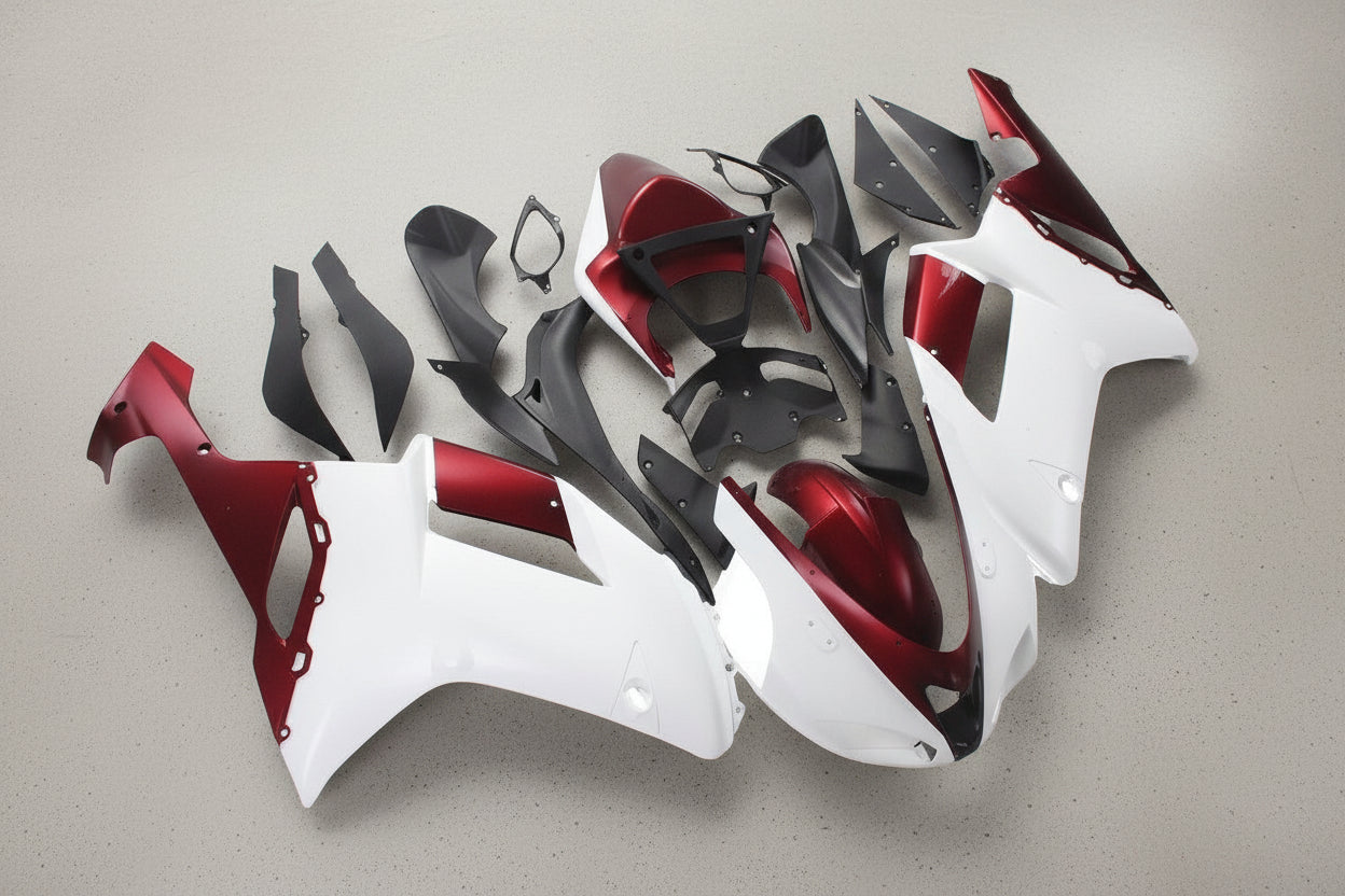 Kawasaki Ninja ZX6R 636 Fairings (2007-2008) White, Dark Red at KingsMotorcycleFairings.com