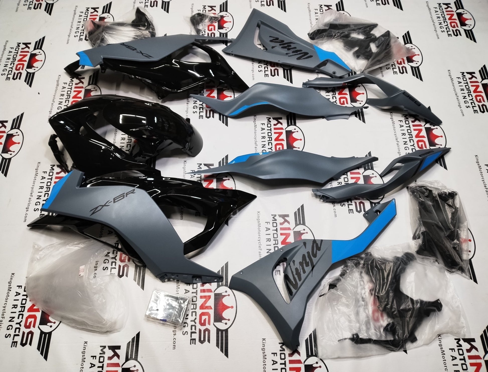 Kawasaki Ninja ZX6R 636 Fairings (2024-2025) Matte Gray, Gloss Black, Blue at KingsMotorcycleFairings.com