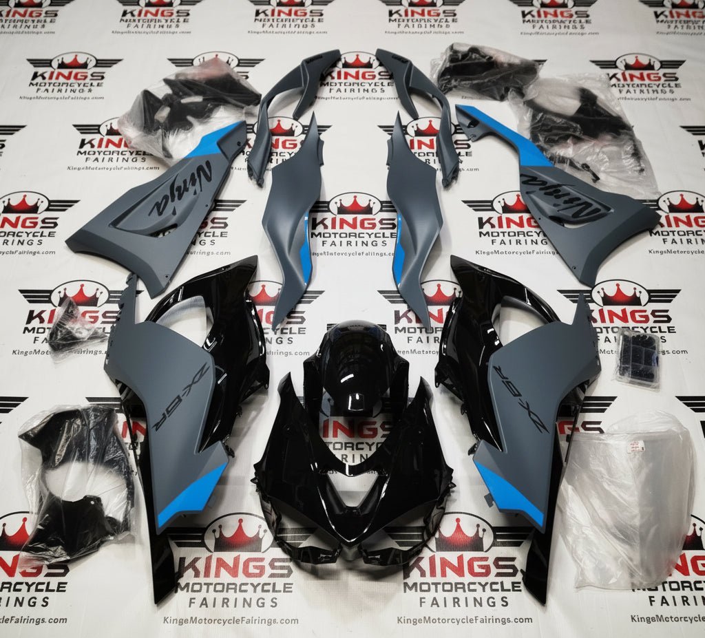Kawasaki Ninja ZX6R 636 Fairings (2024-2025) Matte Gray, Gloss Black, Blue from KingsMotorcycleFairings.com