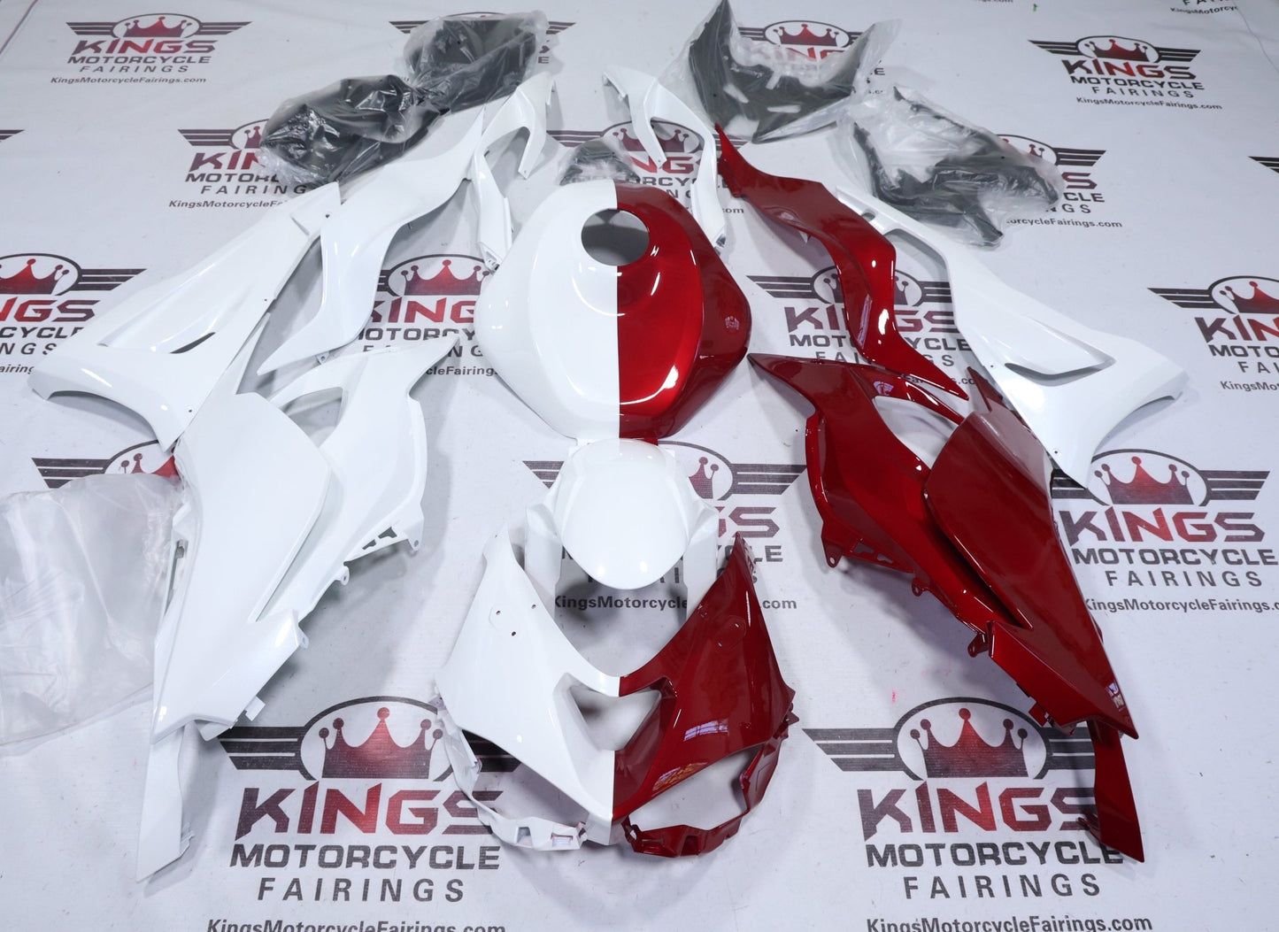 Kawasaki Ninja ZX6R 636 Fairings (2024-2025) White, Red Candy Half Split at KingsMotorcycleFairings.com