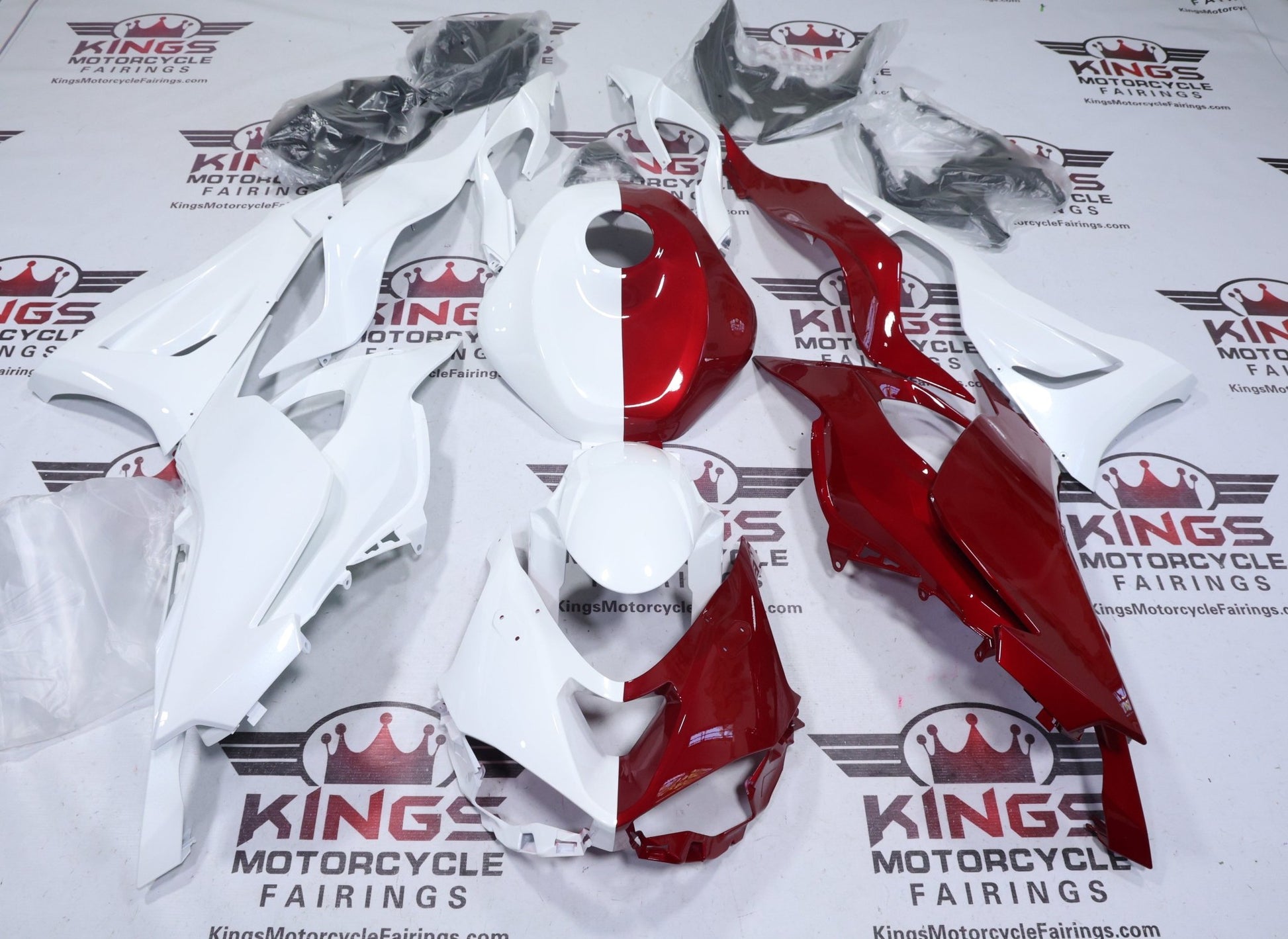Kawasaki Ninja ZX6R 636 Fairings (2024-2025) White, Red Candy Half Split at KingsMotorcycleFairings.com