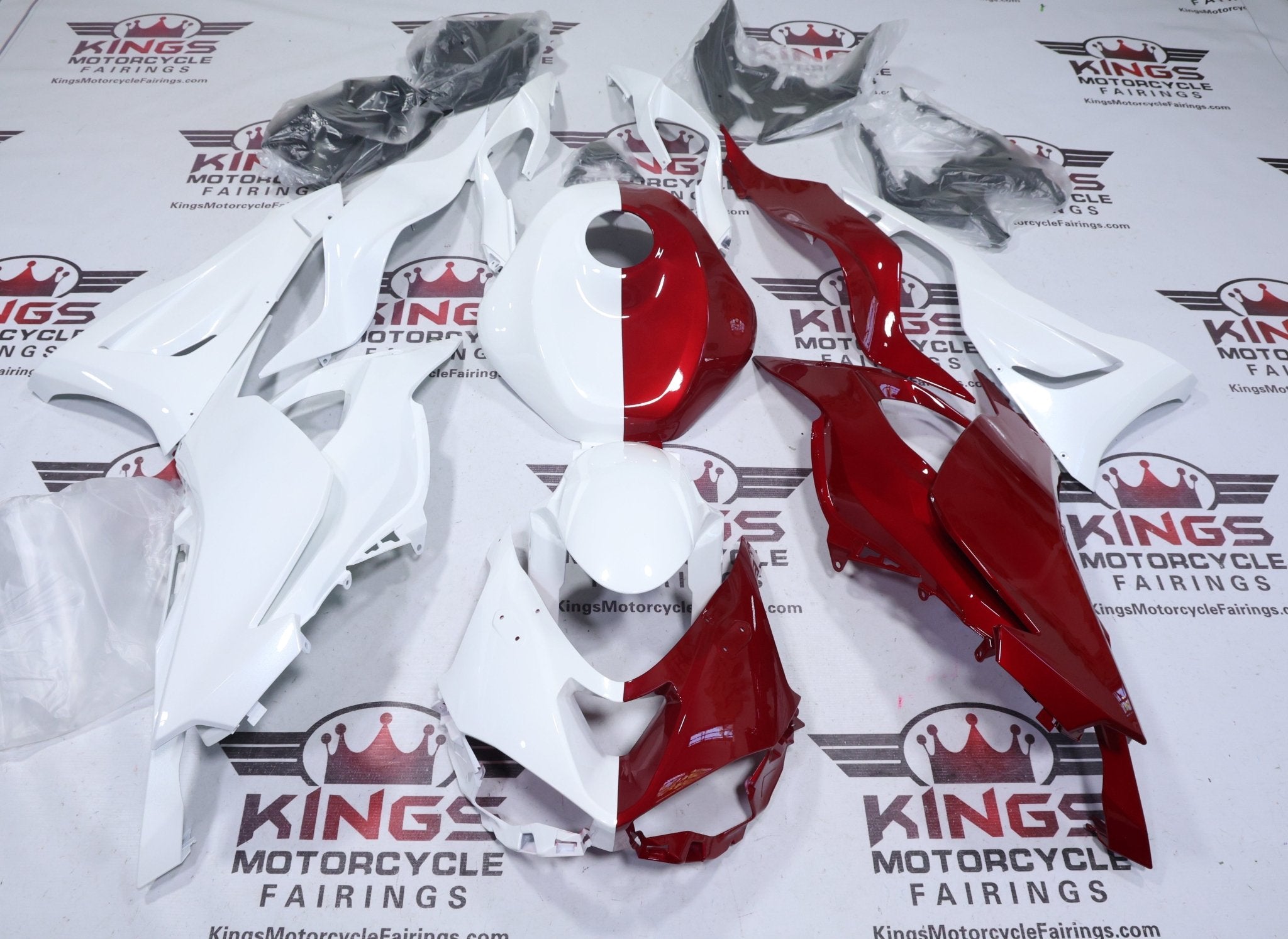 Kawasaki Ninja ZX6R 636 Fairings (2024-2025) White, Red Candy Half Split at KingsMotorcycleFairings.com