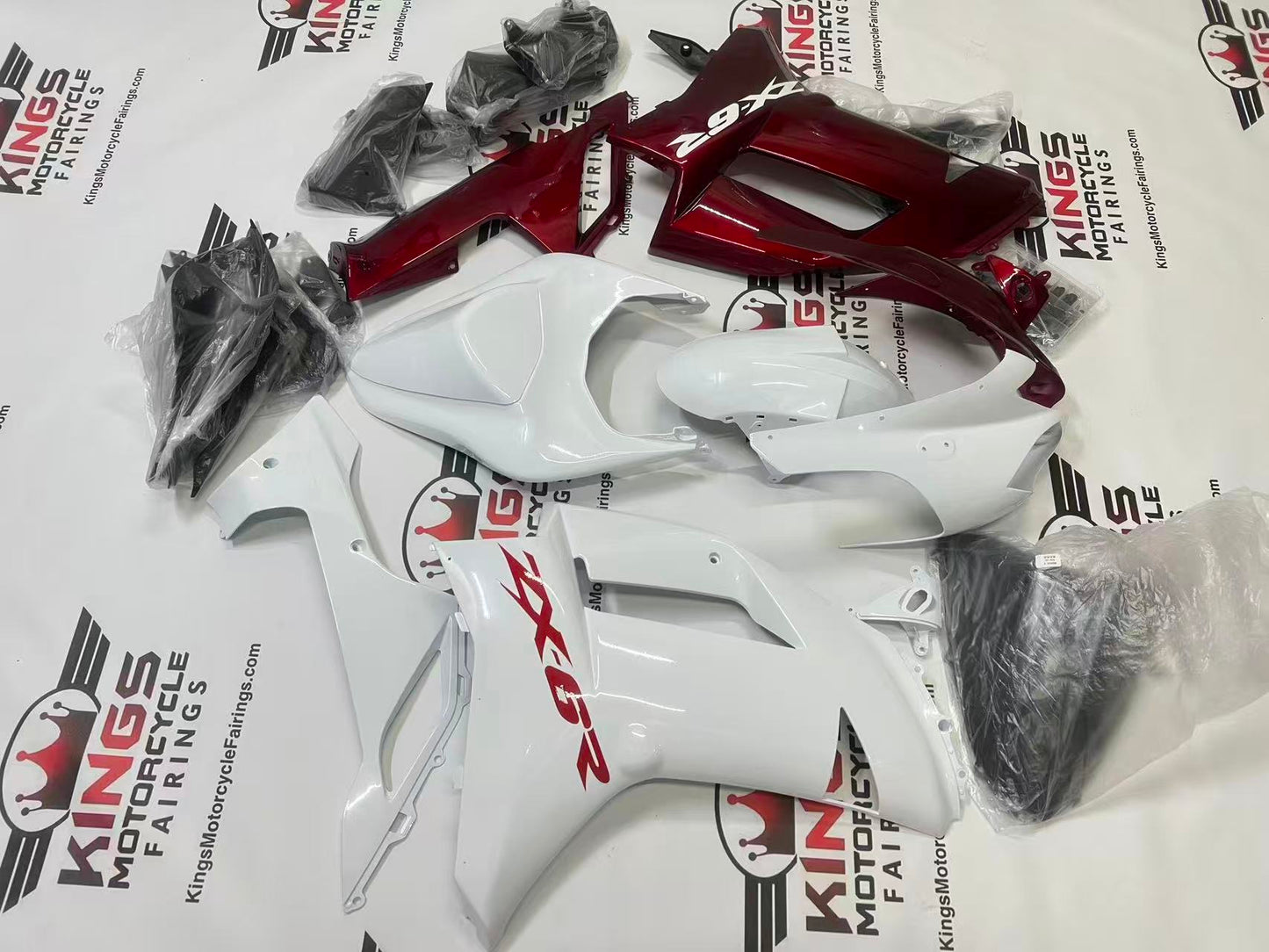 Kawasaki Ninja ZX6R Fairings (2007-2008) Split White, Red at kingsMotorcycleFairings.com