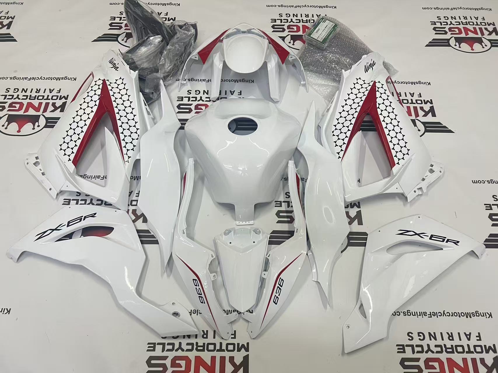 Kawasaki Ninja ZX6R Fairings (2013-2018) White, Red, Black at KingsMotorcycleFairings.com