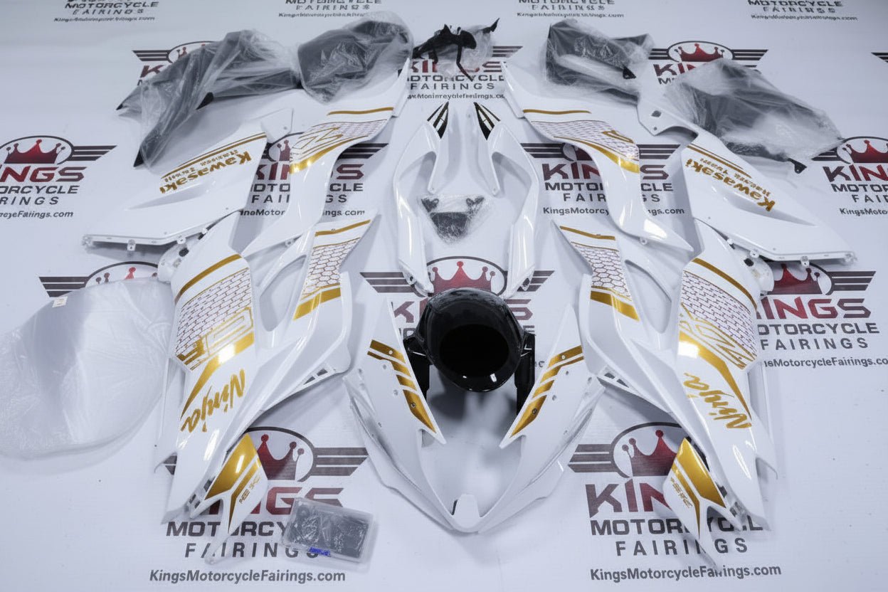 Kawasaki Ninja ZX6R Fairings (2019-2023) White, Gold, Black, Honeycomb at KingsMotorcycleFairings.com