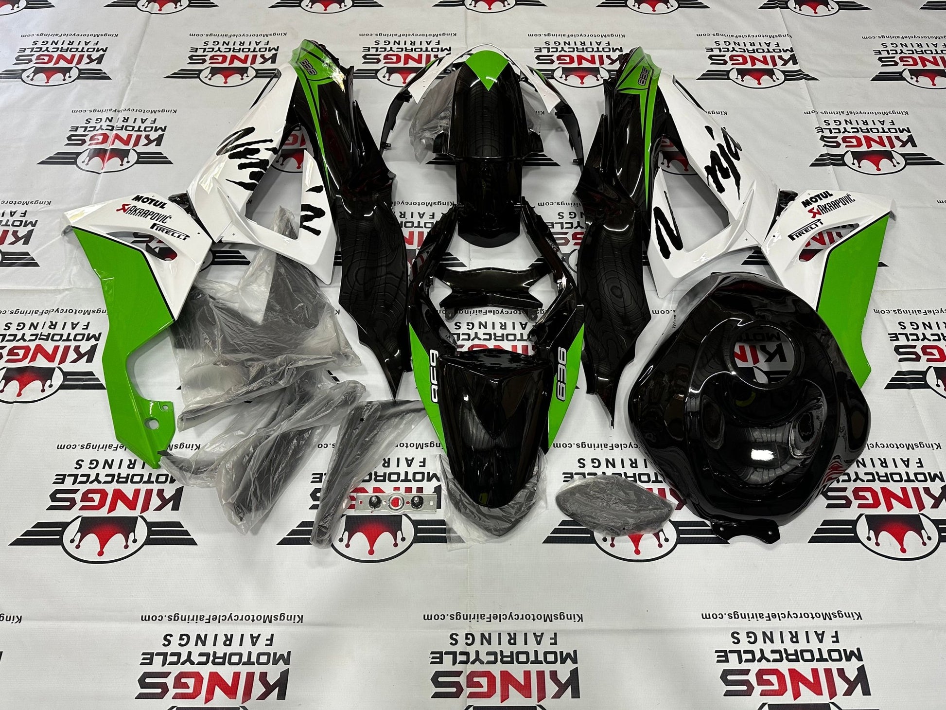 Kawasaki ZX-6R 636 Fairings (2013-2018) White, Green, Black Motul at KingsMotorcycleFairings.com