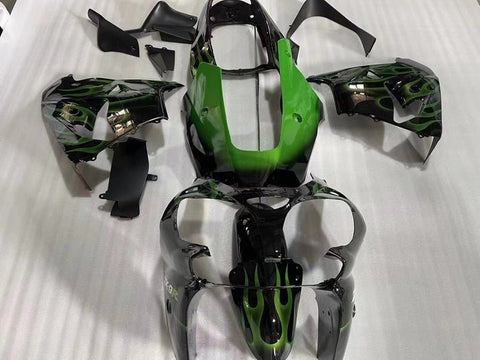 Kawasaki ZX-9R Fairings (2002-2003) Black, Green Flames at KingsMotorcycleFairings.com