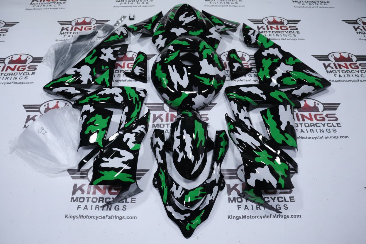 Kawasaki ZX10R Fairings (2004-2005) Black, Green, White Camouflage at KingsMotorcycleFairings.com