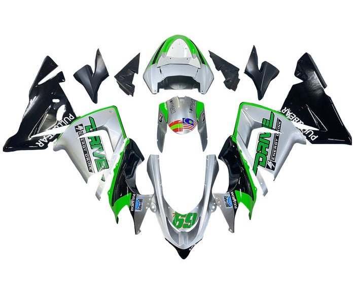 Kawasaki ZX10R Fairings (2004-2005) Silver, Black, Green Drive at KingsMotorcycleFairings.com