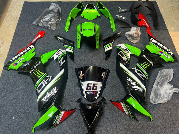 Kawasaki ZX10R Fairings (2008-2010) Black, Green, Elf #66 at KingsMotorcycleFairings.com
