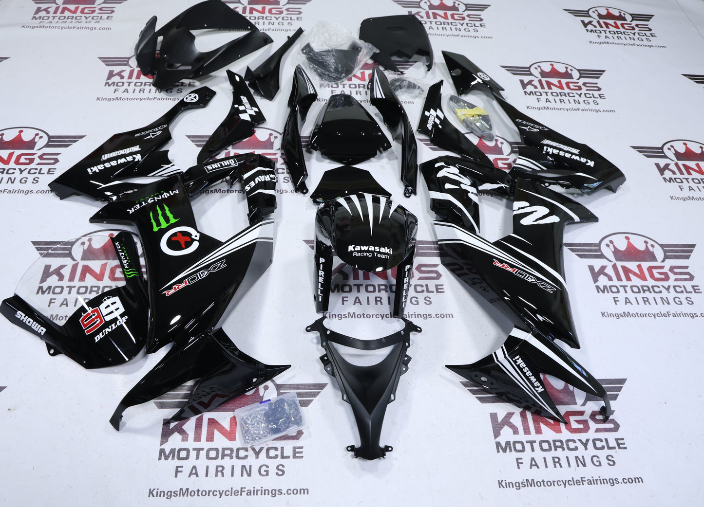 Kawasaki ZX10R Fairings (2008-2010) Black, White Stripe KRT at KingsMotorcycleFairings.com