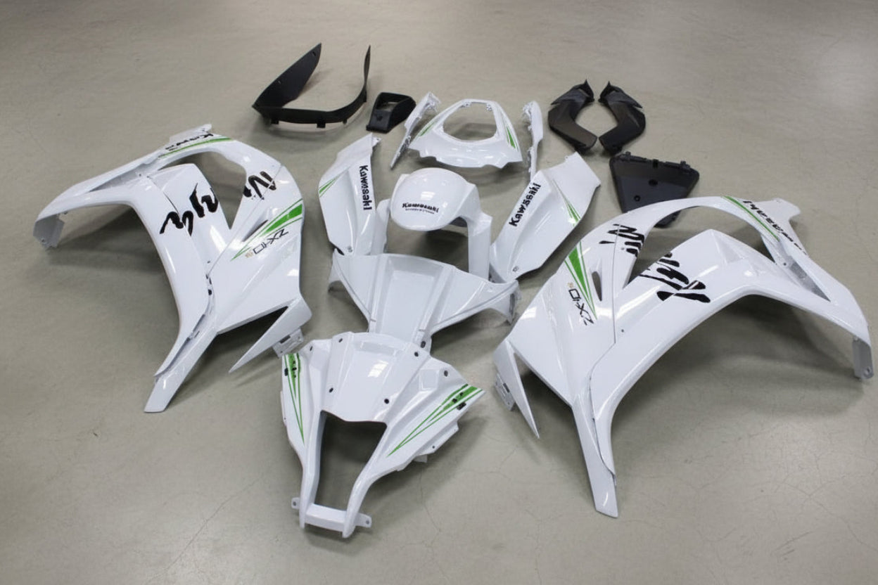Kawasaki ZX10R Fairings (2011-2015) White, Black, Green Stripe at KingsMotorcycleFairings.com