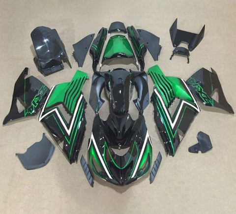 Kawasaki ZX14R Fairings (2006-2011) Black, Green, White Stripe at KingsMotorcycleFairings.com