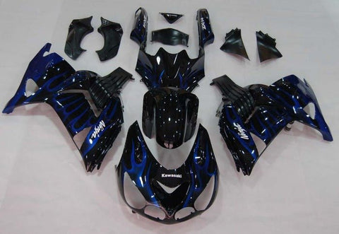 Kawasaki ZX14R Fairings (2006-2011) Gloss Black, Blue Flames at KingsMotorcycleFairings.com