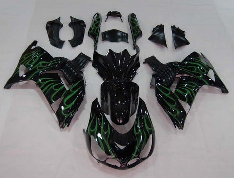 Kawasaki ZX14R Fairings (2006-2011) Gloss Black, Green Flames at KingsMotorcycleFairings.com
