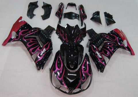 Kawasaki ZX14R Fairings (2006-2011) Gloss Black, Pink Flames at KingsMotorcycleFairings.com