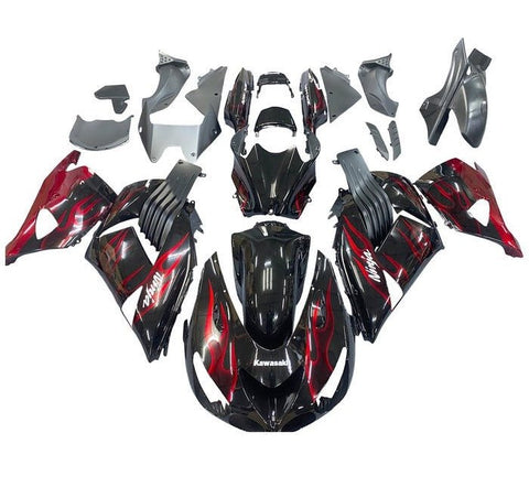 Kawasaki ZX14R Fairings (2006-2011) Gloss Black, Red Flames at KingsMotorcycleFairings.com