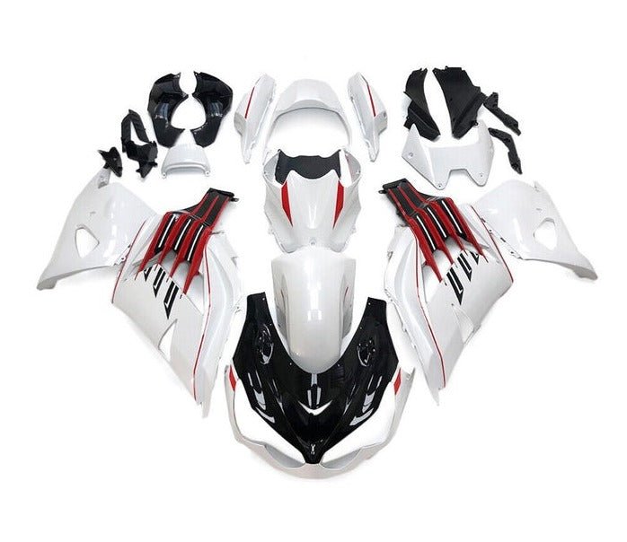 Kawasaki ZX14R Fairings (2012-2024) White, Black, Red Stripe at KingsMotorcycleFairings.com