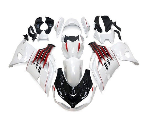 Kawasaki ZX14R Fairings (2012-2024) White, Black, Red Stripe at KingsMotorcycleFairings.com