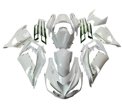 Kawasaki ZX14R Fairings (2012-2024) White, Silver, Green Stripe at KingsMotorcycleFairings.com