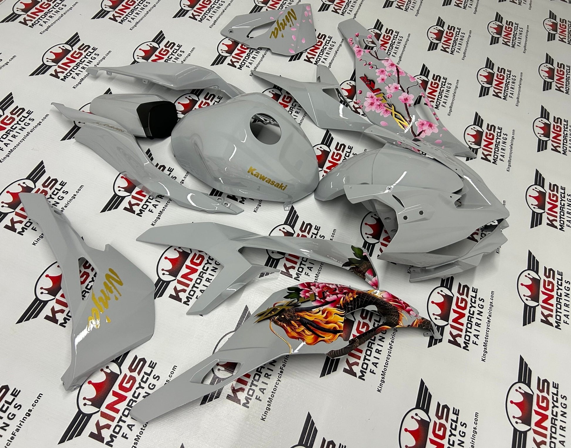 Kawasaki ZX4R Fairing Set (2019-2025) Gray, Gold, Dragon Blossoms at KingsMotorcycleFairings.com