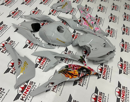 Kawasaki ZX4R Fairing Set (2019-2025) Gray, Gold, Dragon Blossoms at KingsMotorcycleFairings.com