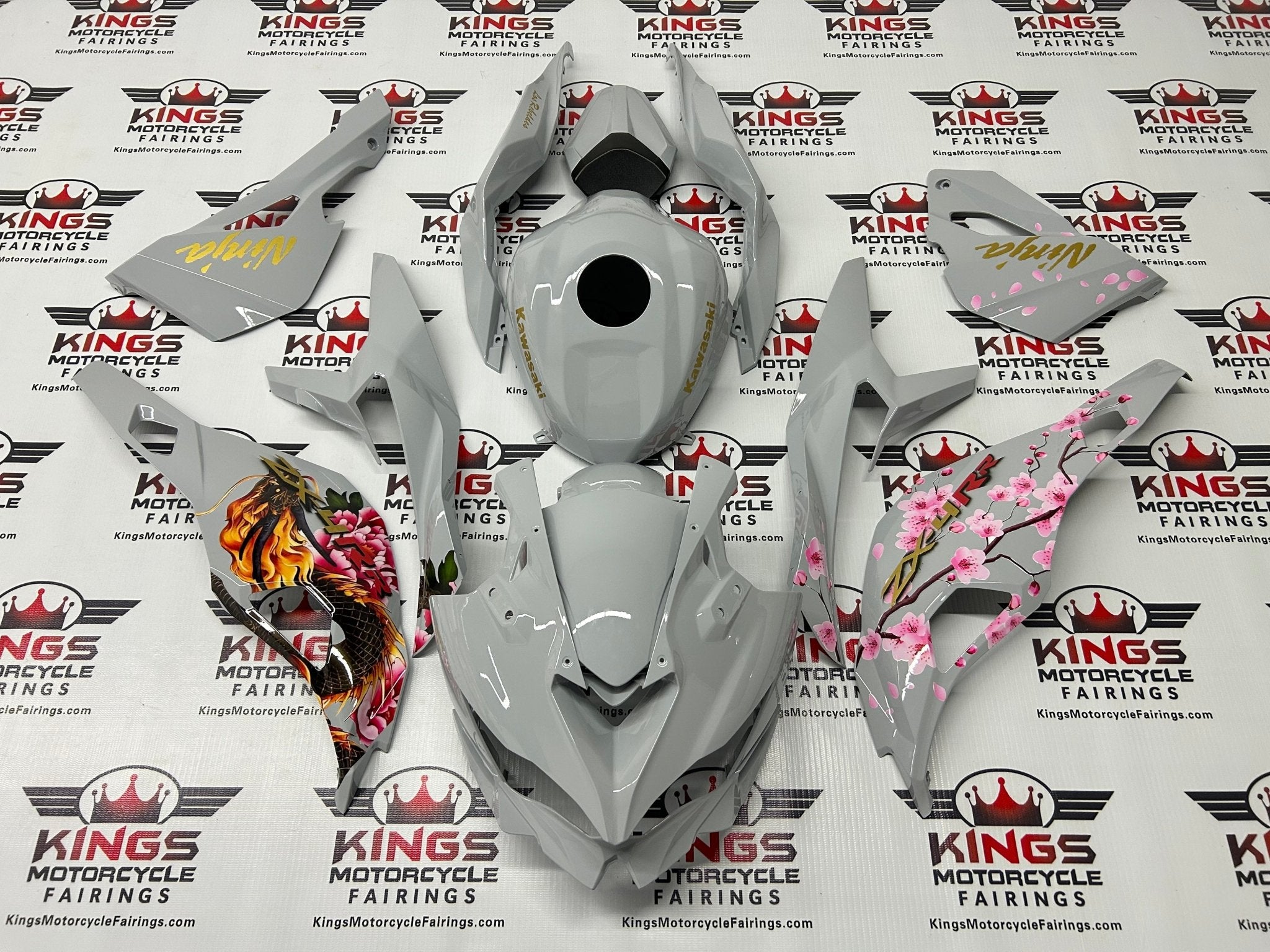 Kawasaki ZX4R Fairings (2019-2025) Gray, Gold, Dragon Blossoms at KingsMotorcycleFairings.com