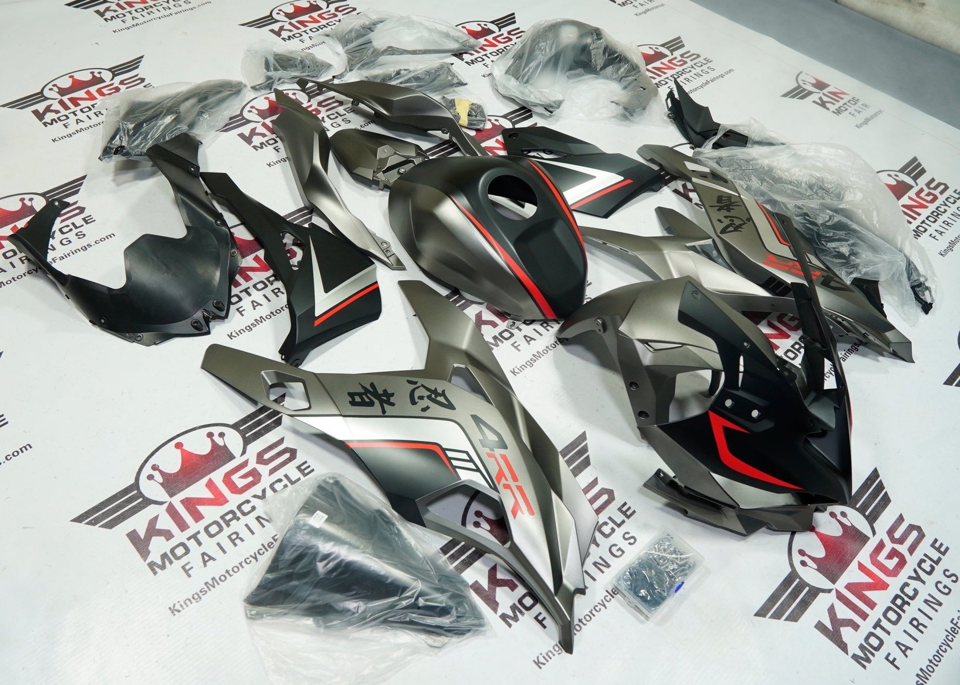 Kawasaki ZX4RR Fairings (2019-2025) Matte Black, Silver, Red, Kanji by KingsMotorcycleFairings.com