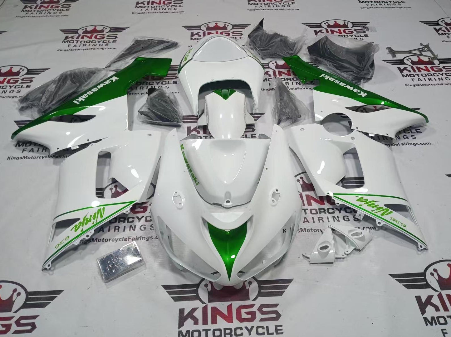 Kawasaki ZX6R 636 Fairing Kit (2005-2006) White, Candy Green at KingsMotorcycleFairings.com