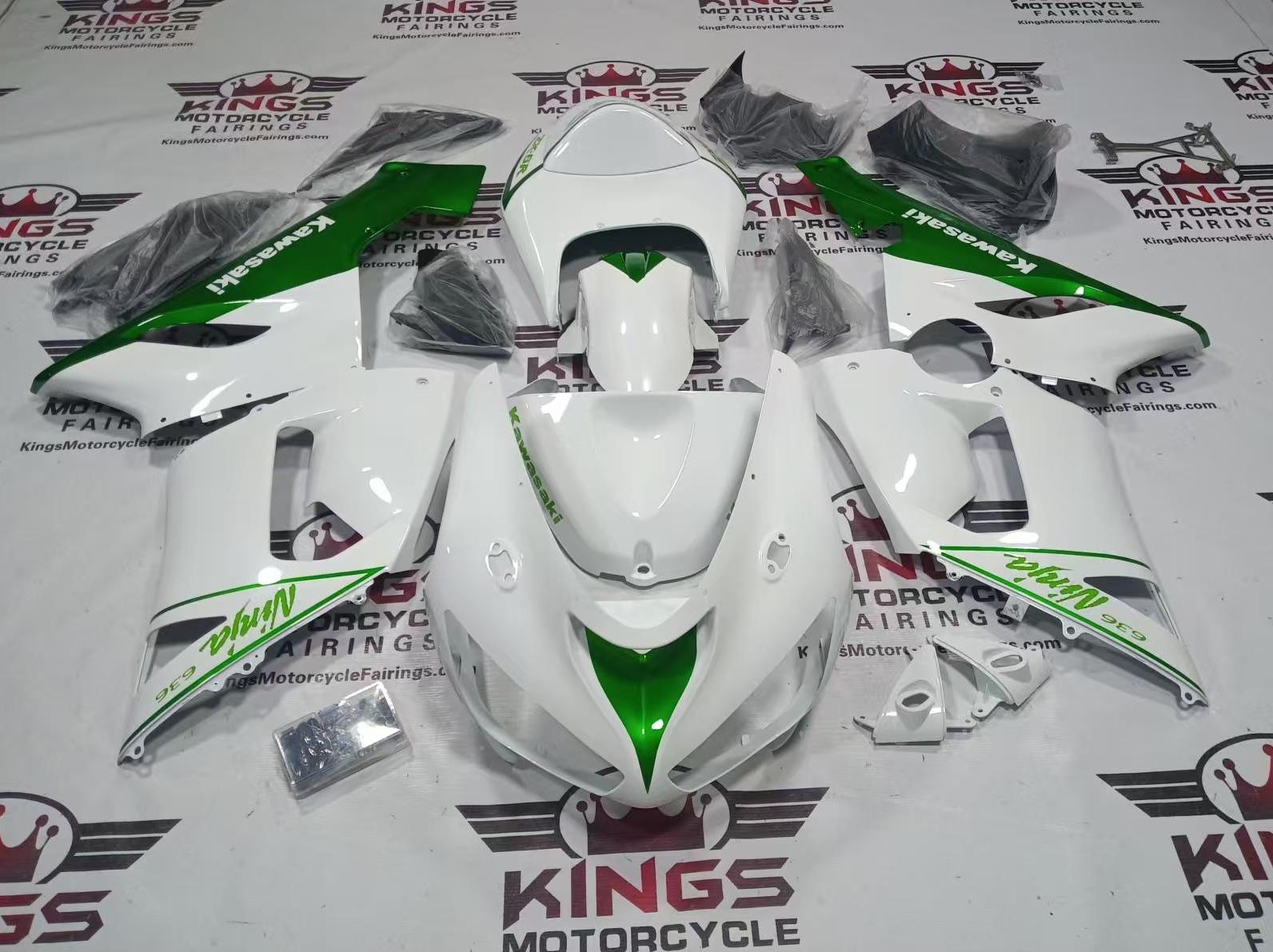 Kawasaki ZX6R 636 Fairing Kit (2005-2006) White, Candy Green at KingsMotorcycleFairings.com
