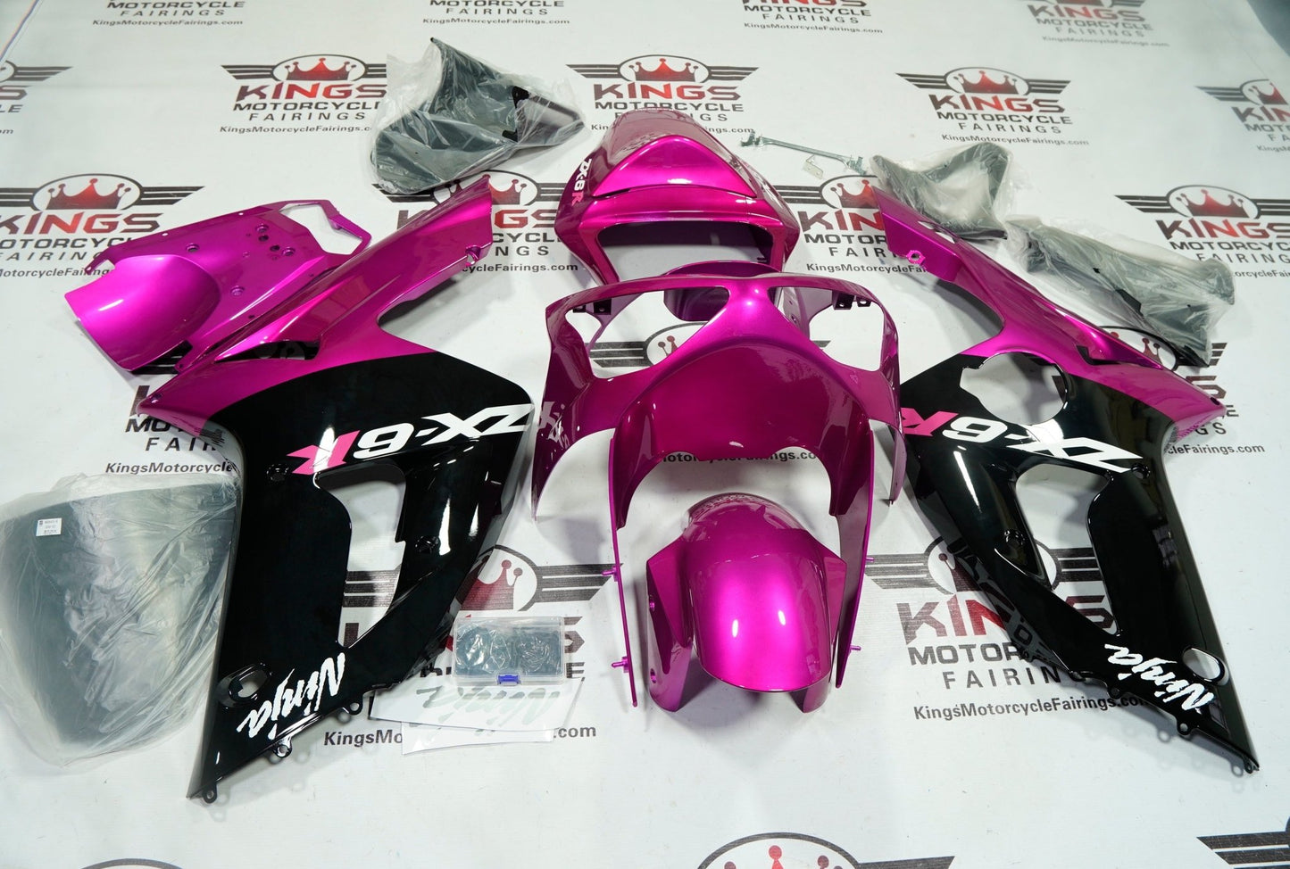 Kawasaki ZX6R Fairings (2003-2004) Black, Pink, White at KingsMotorcycleFairings.com