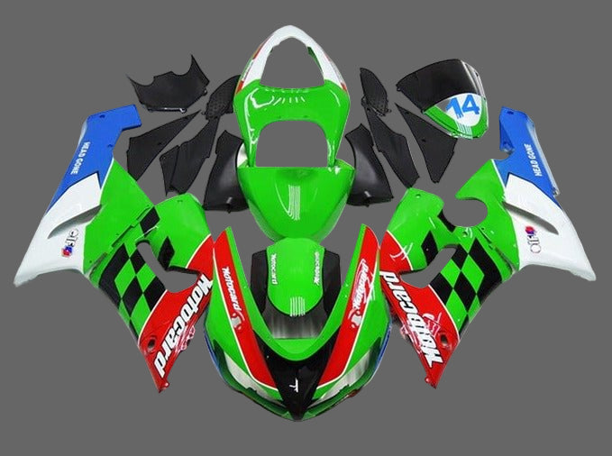 Kawasaki ZX6R 636 Fairings (2005-2006) Green, Red, Motocard at KingsMotorcycleFairings.com