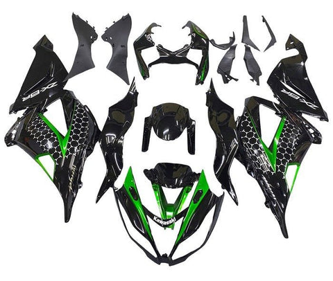 Kawasaki ZX6R 636 Fairings (2013-2018) Black, Green, White Pattern at KingsMotorcycleFairings.com