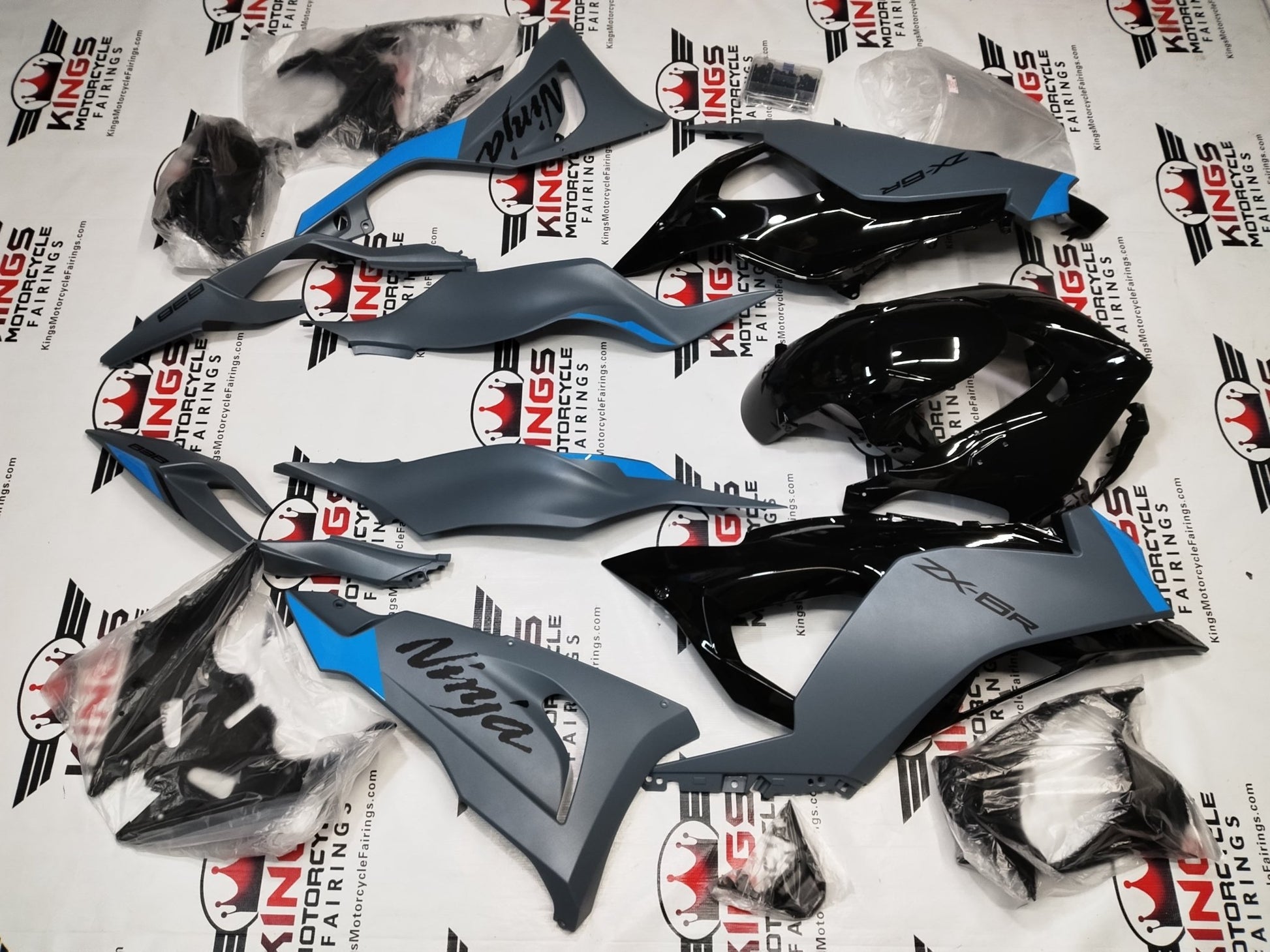 Kawasaki ZX6R 636 Fairings (2024-2025) Matte Gray, Gloss Black, Blue at KingsMotorcycleFairings.com