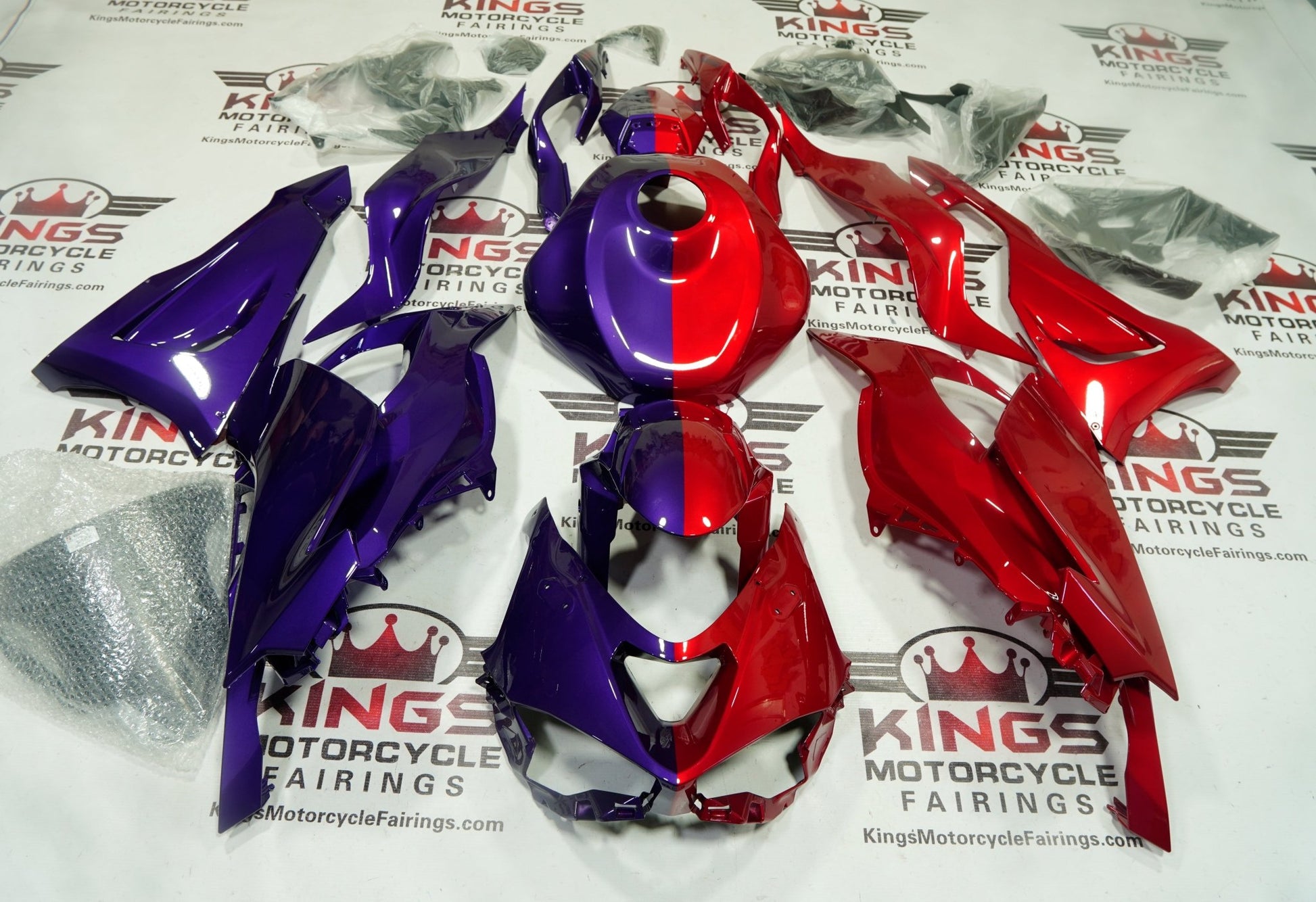 Kawasaki ZX6R 636 Fairings (2024-2025) Purple, Red Half Split from KingsMotorcycleFairings.com