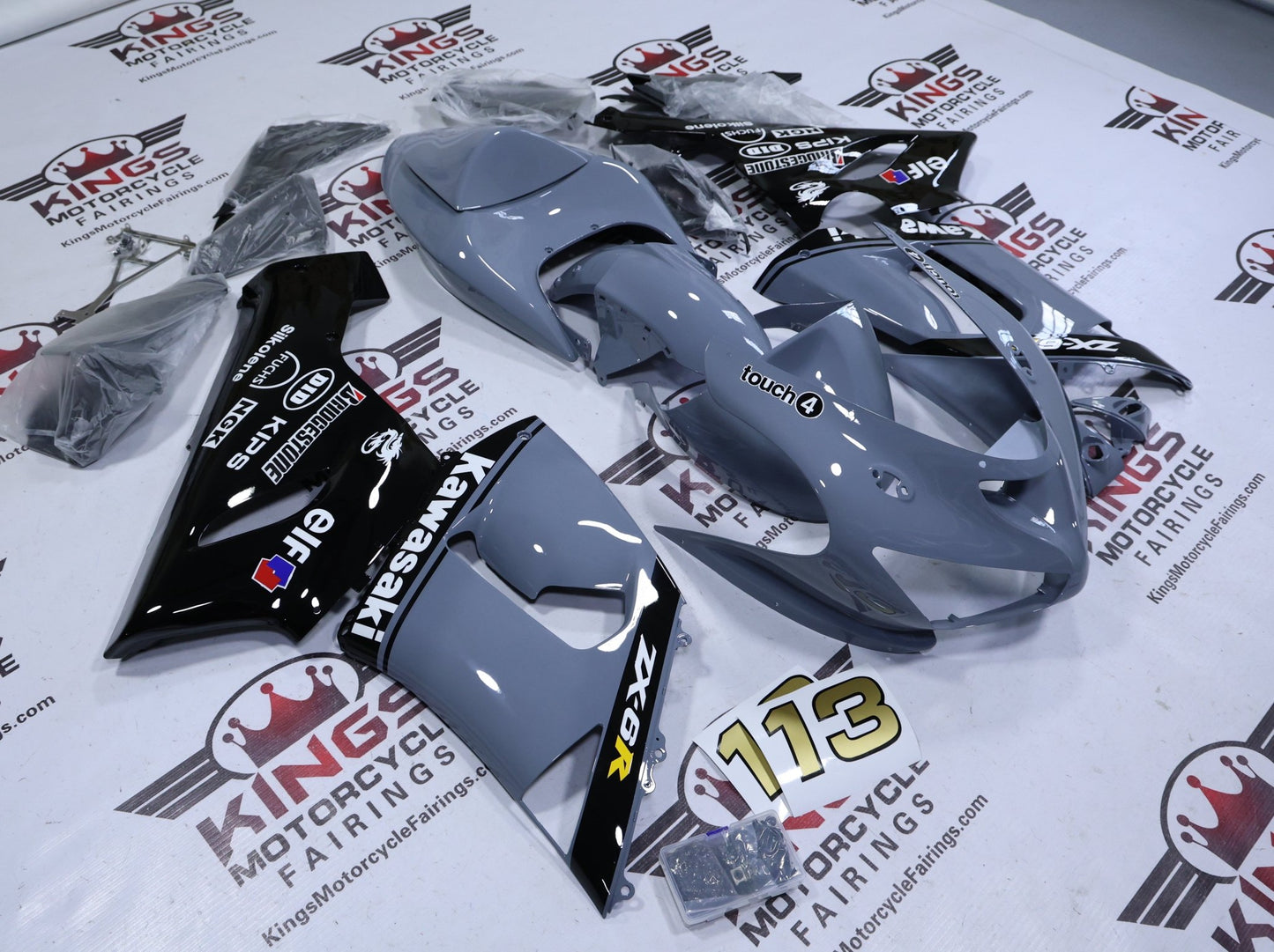 Kawasaki ZX6R Fairing Kit (2005-2006) Nardo Gray, Black, White at KingsMotorcycleFairings.com