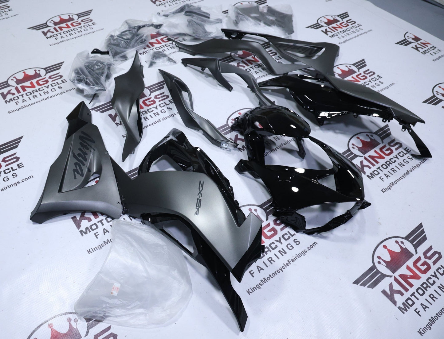 Kawasaki ZX6R Fairing Kit (2019-2023) Matte Gray, Gloss Black at KingsMotorcycleFairings.com