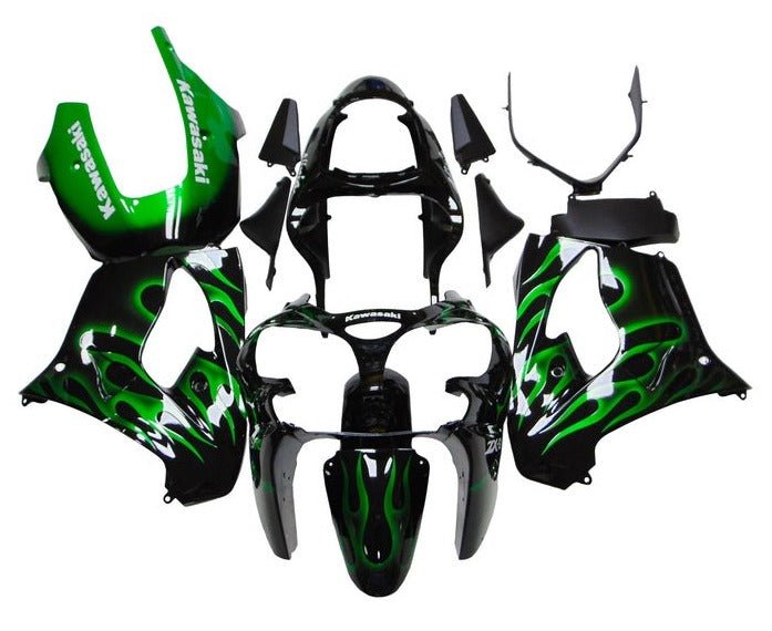 Kawasaki ZX9R Fairings (2000-2001) Black, Green, White, Flames at KingsMotorcycleFairings.com