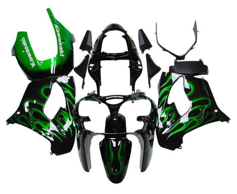 Kawasaki ZX9R Fairings (2002-2003) Black, Green, White, Flames at KingsMotorcycleFairings.com
