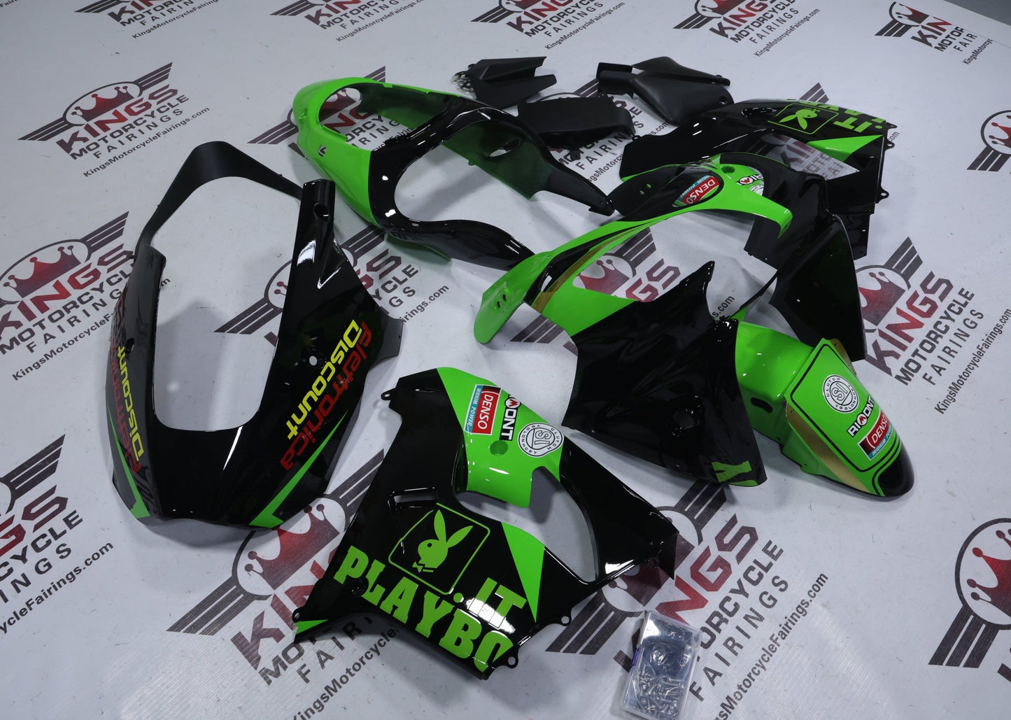 Kawasaki ZX9R Fairings (2002-2003) Green, Black, Playboy from KingsMotorcycleFairings.com