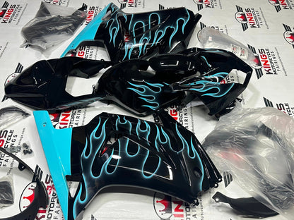 Kawasaki Ninja 250R Fairing Set (2008-2013) Black, Sky Blue Flames at KingsMotorcycleFairings.com