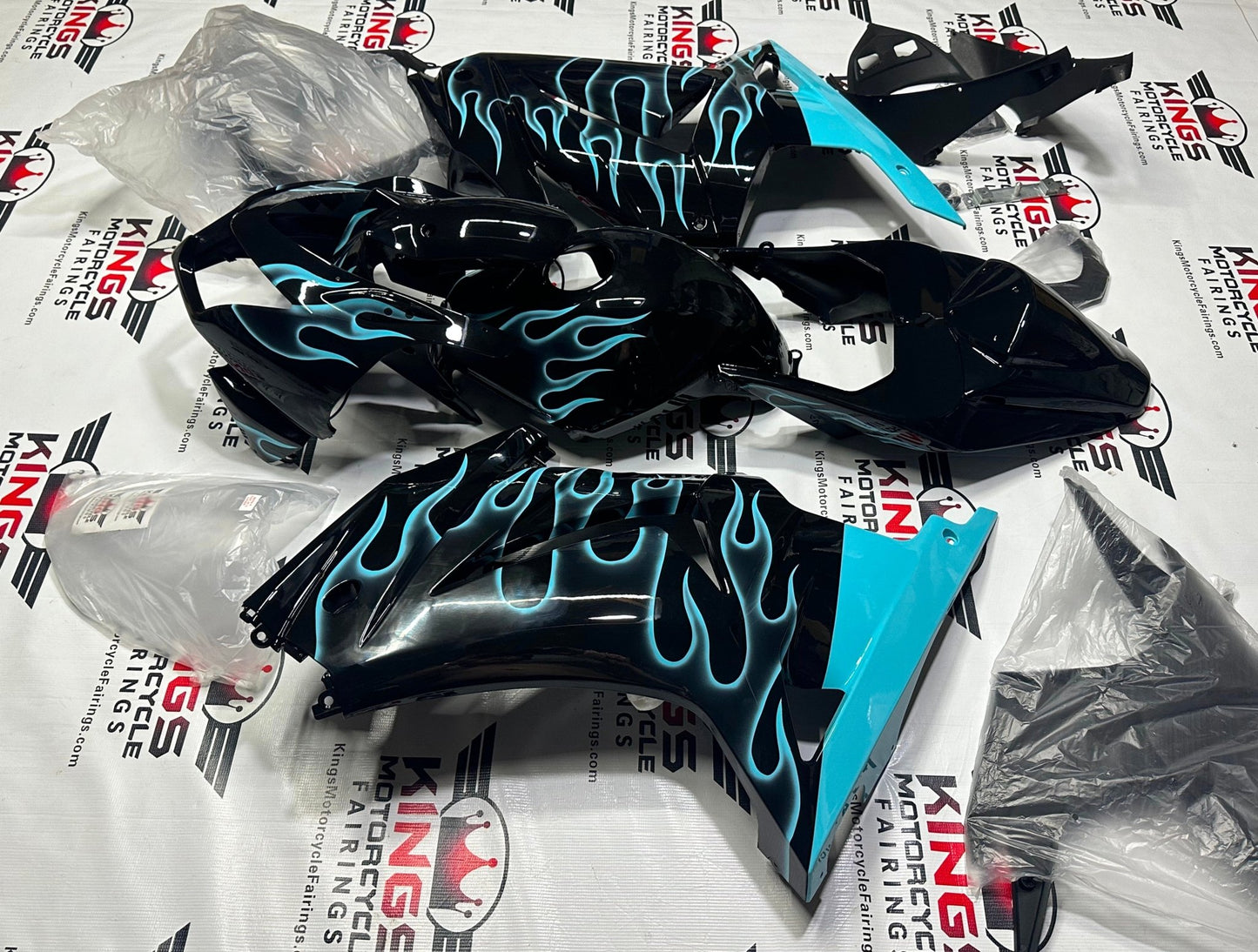 Kawasaki Ninja 250R Fairings (2008-2013) Black, Sky Blue Flames at KingsMotorcycleFairings.com