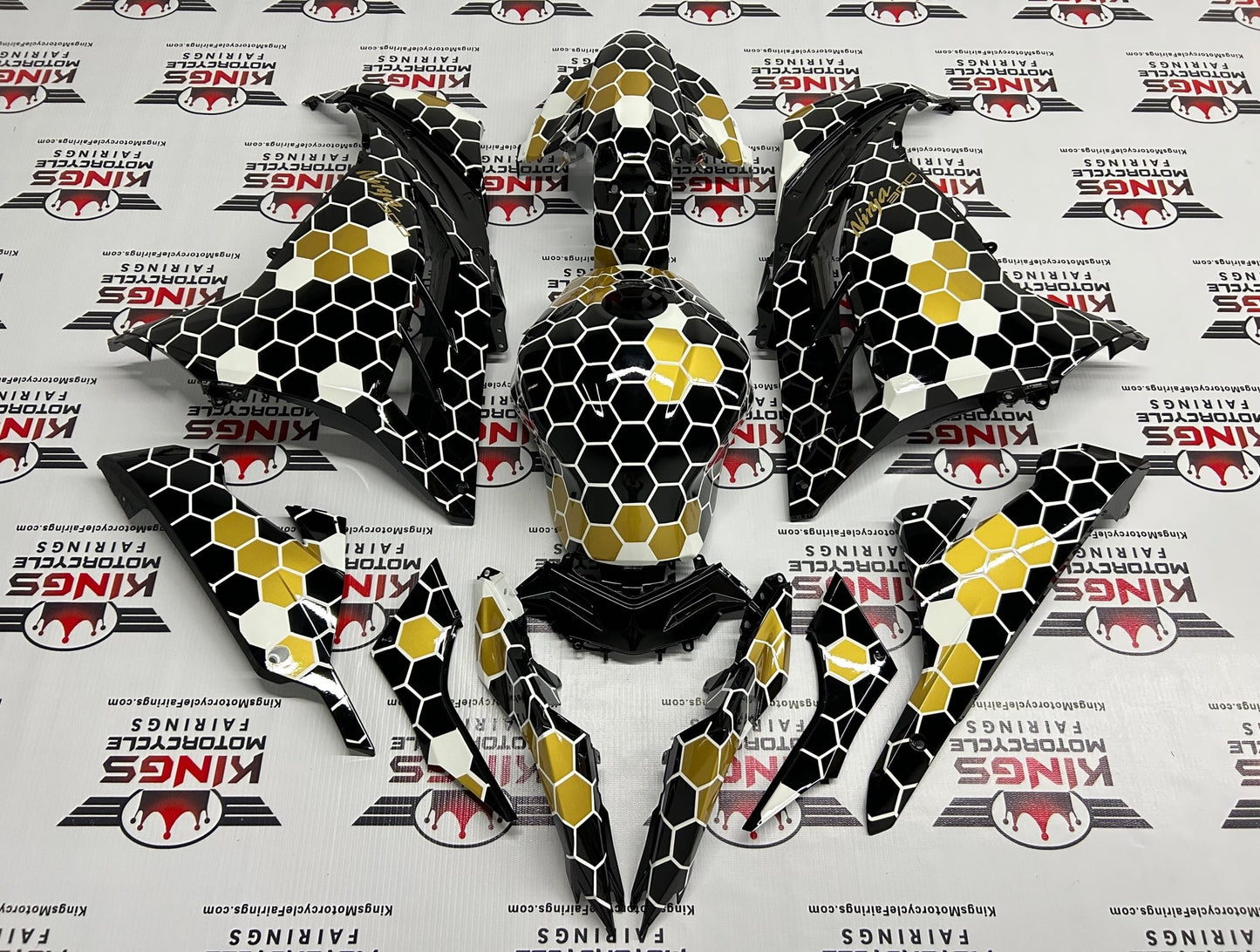 Kawasaki Ninja 300 Fairing kit (2013-2024) Black, White, Gold Honeycomb from KingsMotorcycleFairings.com
