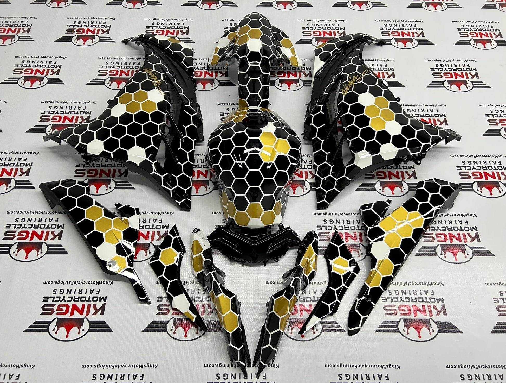 Kawasaki Ninja 300 Fairing kit (2013-2024) Black, White, Gold Honeycomb from KingsMotorcycleFairings.com
