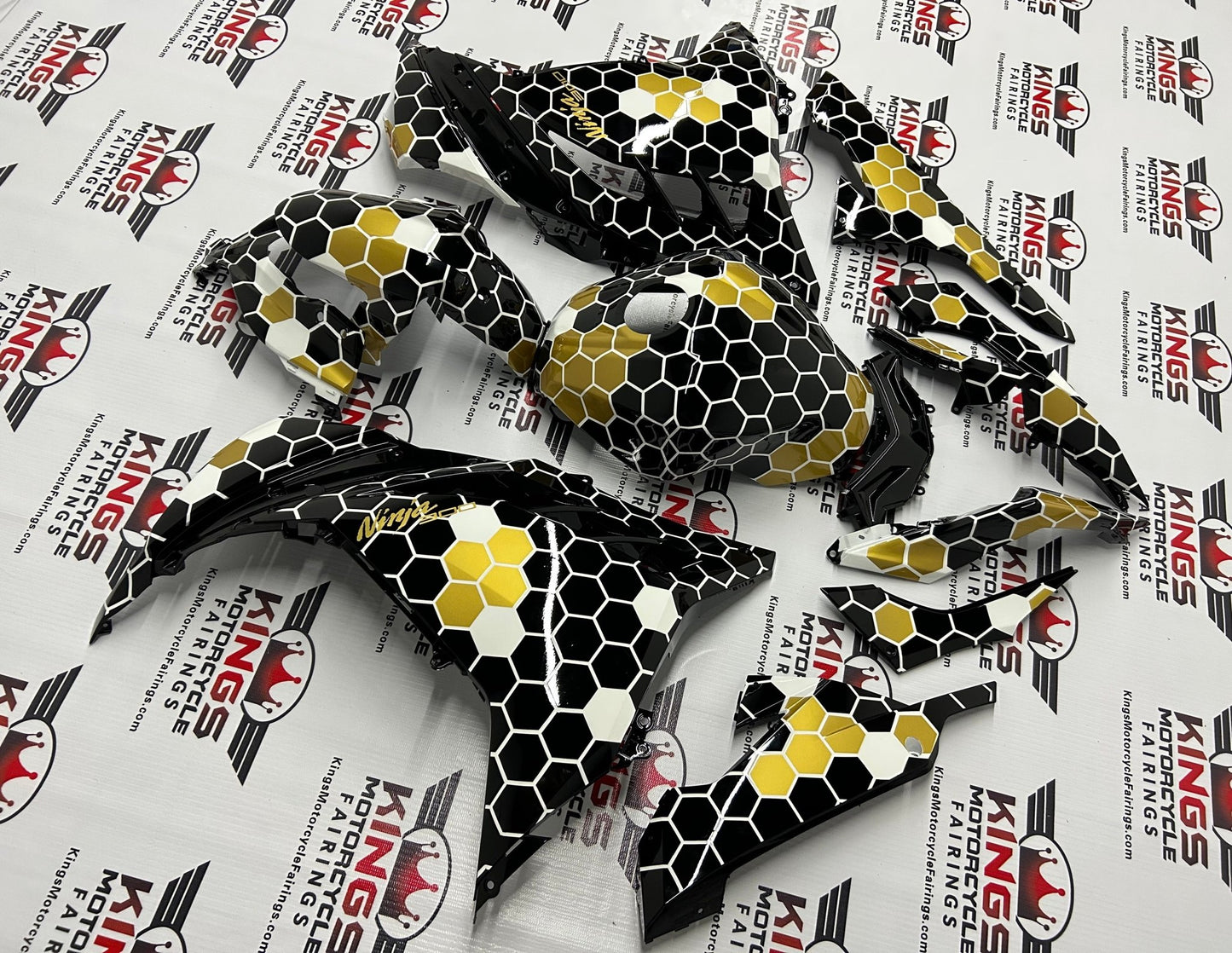 Kawasaki Ninja 300 Fairing set (2013-2024) Black, White, Gold Honeycomb at KingsMotorcycleFairings.com