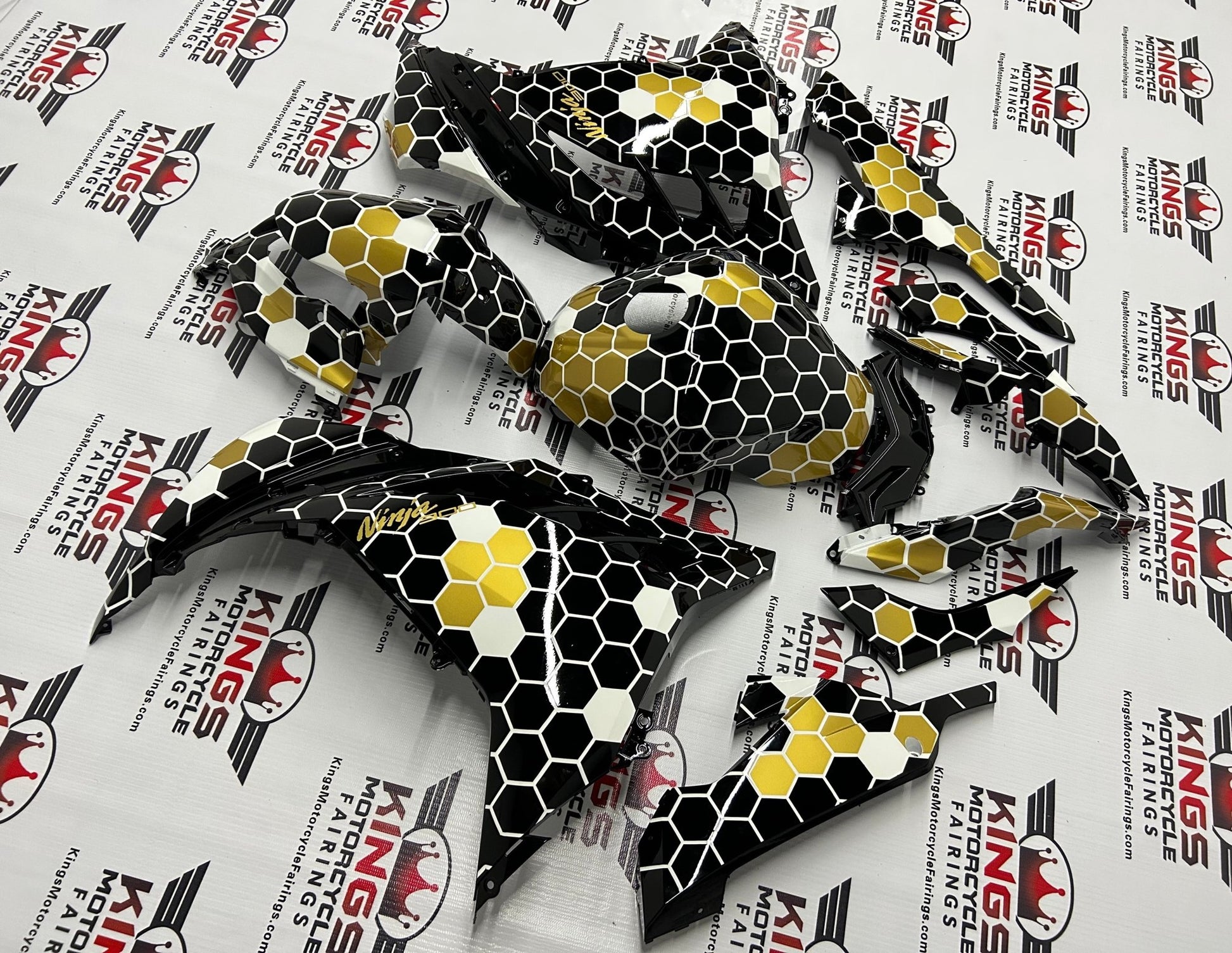 Kawasaki Ninja 300 Fairing set (2013-2024) Black, White, Gold Honeycomb at KingsMotorcycleFairings.com