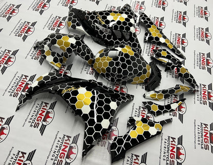 Kawasaki Ninja 300 Fairing set (2013-2024) Black, White, Gold Honeycomb at KingsMotorcycleFairings.com