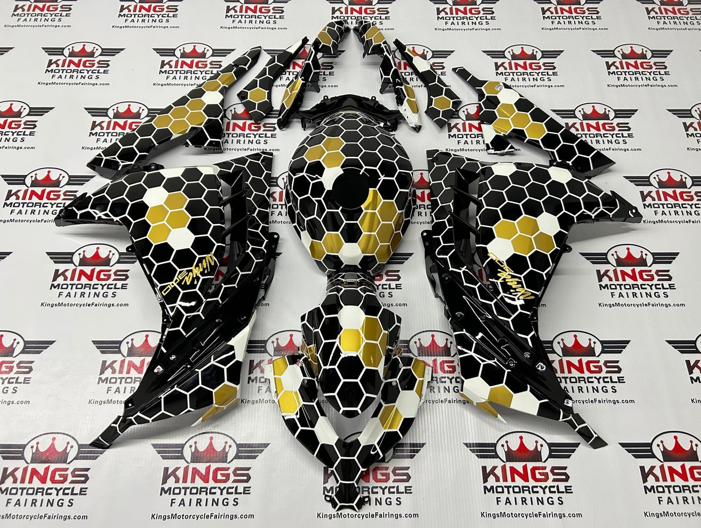 Kawasaki Ninja 300 Fairings (2013-2024) Black, White, Gold Honeycomb at KingsMotorcycleFairings.com